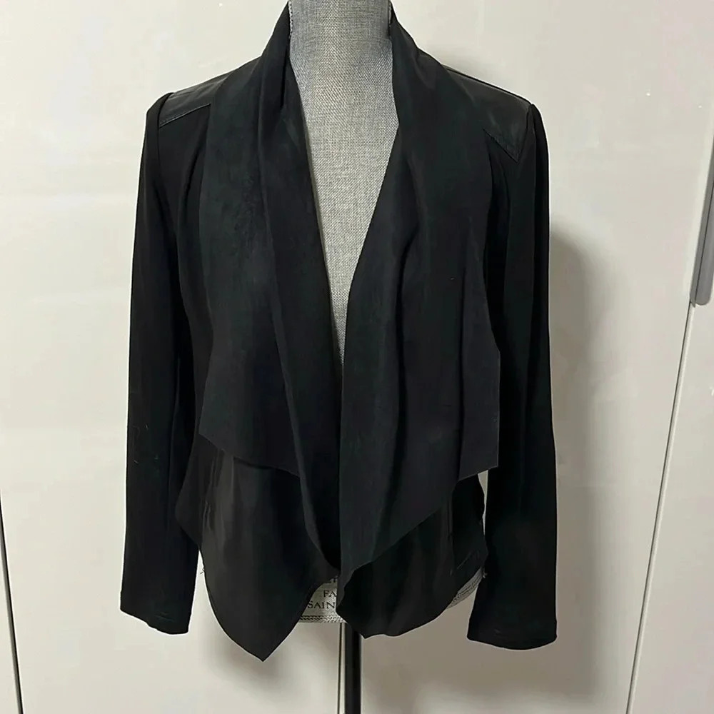 Drape Front Faux Leather Open Jacket Pockets, Size M
